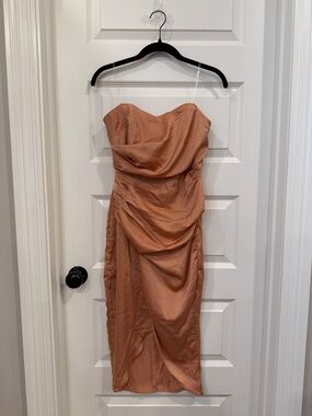DO+BE Strapless Ruched Midi Dress in Peachy Coral